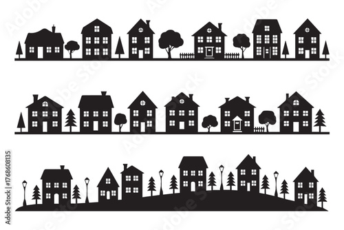 stylized residential street row of diverse houses trees bushes and streetlamps minimalist vector