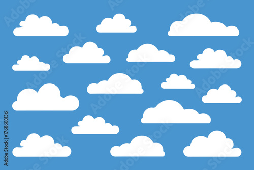 minimalist white cloud icons set on blue background vector collection for weather and education illustration