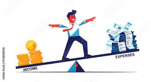 Balancing Finance: A Businessman Navigating Income and Expenses On A Seesaw