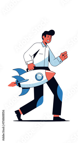 Business Professional Embarks on a Journey of Growth with a Rocket for Success and Achievement