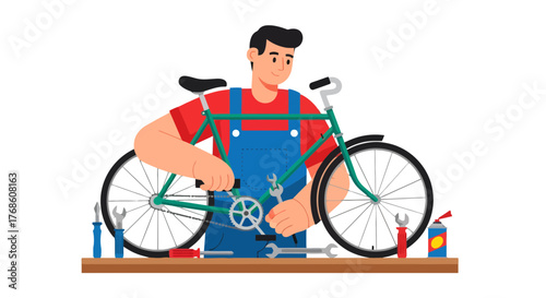 Bicycle Maintenance: An Animated Technician Repairing a Bike on Black Background