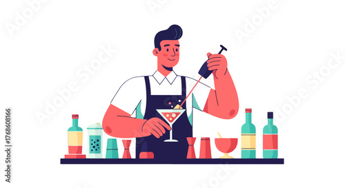 Bartender Crafting a Vibrant Cocktail in Stylized Illustration on Black Background