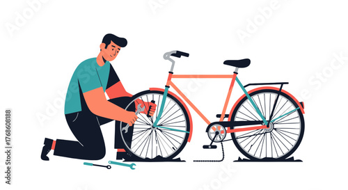 Bicycle Repair Illustration: A Mechanic Fixing a Flat Tire for Bicycle Maintenance