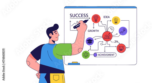 Business Strategist Presenting Success Plan Illustrated with Colorful Charts and Graphics Perfectly
