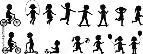 Children activity silhouette set, playful outdoor movement poses, flat vector illustration, cad drawing, black and white energetic figure design