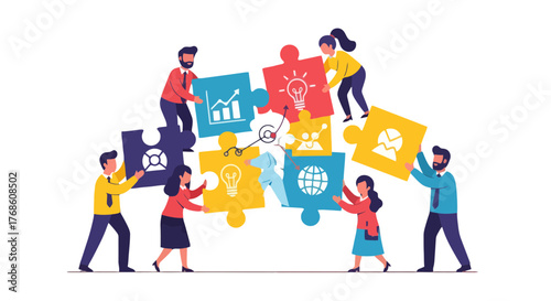 Business Team Building Assembling a Puzzle to Achieve Comprehensive Success Together