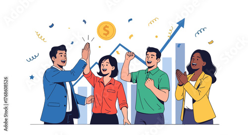 Business Team Celebrating Success With Cheers and Symbols of Financial Growth