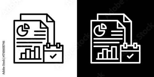 Annual Report Icon Set. Clean Line Design With Light And Dark Versions For Versatile Use. 