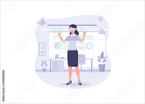 A professional woman in an office setting is fully immersed in a virtual reality (VR) or augmented reality (AR) experience. The scene depicts the use of cutting-edge technology like XR for business.