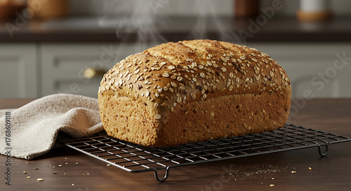 Freshly baked steaming loaf of oatmeal bread on a cooling rack