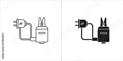 Two icons of an electric plug and adapter, one line art and one solid black