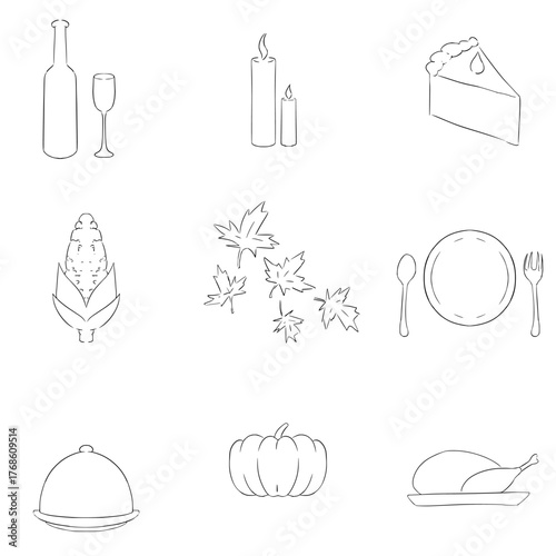 Hand draw Thanksgiving day icons set Doodle Outline illustration