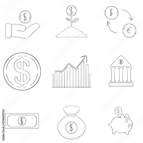 Financial Icons set Doodle Sketch Outline illustration with Money Coin Bank and Chart Icons for Economic System