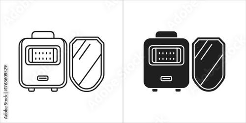 Two icons of a portable charger with a screen, one outlined and one solid black