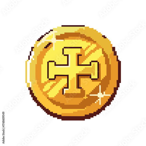 Shiny pixel art gold coin with an embossed medieval cross emblem.