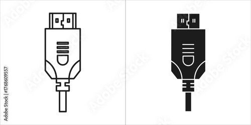 Two icons of an hdmi cable connector, one outlined and one filled