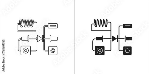 Schematic diagram of an electronic circuit with a coil, diode, and other components, in outline and solid black