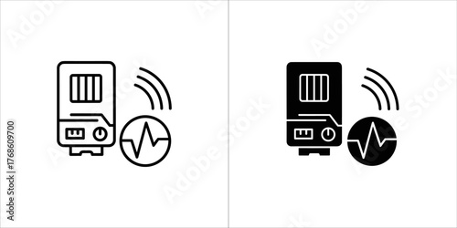 Outline and solid black icon of a smart device with signal and heartbeat