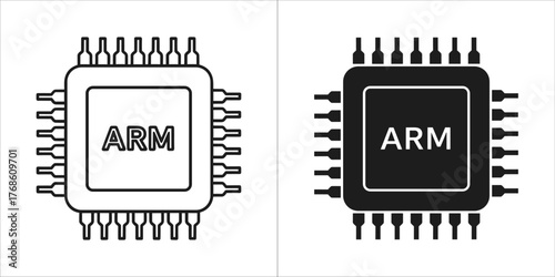 Foto Outline and solid black icon of an arm processor chip