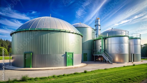 Modern Biogas Plant Sustainable Energy Production Facility with Multiple Domed Digesters and Associated Equipment Under a Bright Sky