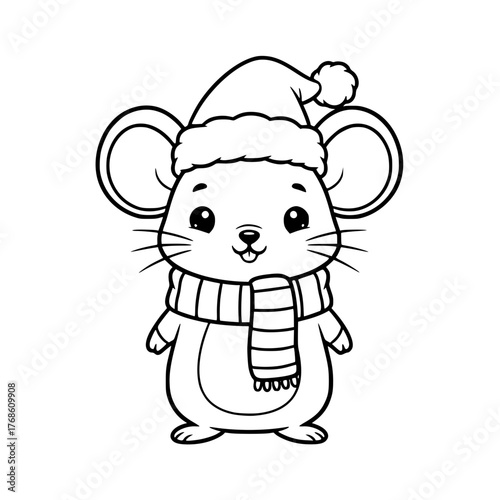 Cute mouse wearing Santa hat and scarf, simple Christmas coloring page for toddlers Generative aI