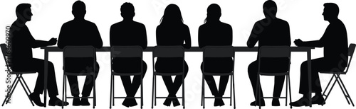 Corporate meeting silhouette, team discussion around table, business collaboration concept, flat vector illustration, cad drawing, black and white style