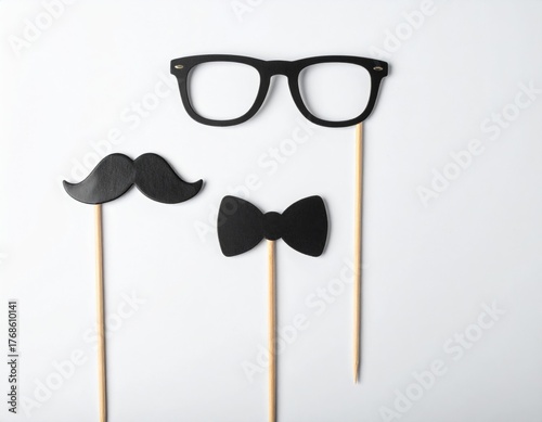Black Photo Booth Props on Sticks on White Background Top View