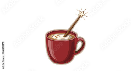 Hot cocoa mug with marshmallows and cinnamon stick on a white background  