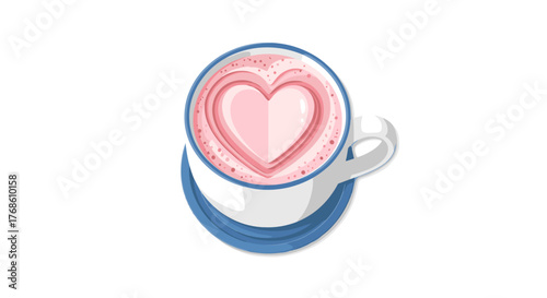 Hot cocoa mug with heart-shaped marshmallow foam on blue saucer  
