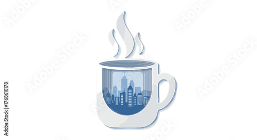 Steaming mug with city skyline reflection