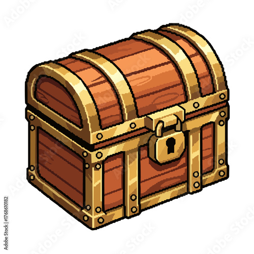 Cartoon Wooden Treasure Chest with Golden Metal Accents and Lock, Closed.