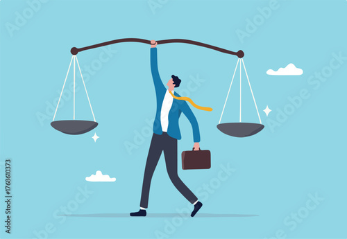 Principles and business ethic to do right things, social responsibility or integrity to earn trust, balance and justice for leadership concept, confident businessman leader lift balance ethical scale