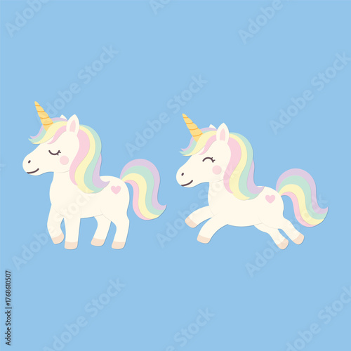 Cute pastel unicorns standing and flying, minimal paper cut flat style, vector illustration