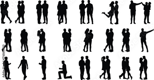 Couple silhouette collection, romantic poses and affectionate gestures, flat vector illustration, cad drawing, black and white relationship design