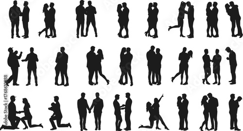 Couple silhouette grid, romantic poses and affectionate gestures, flat vector illustration, cad drawing, black and white relationship design