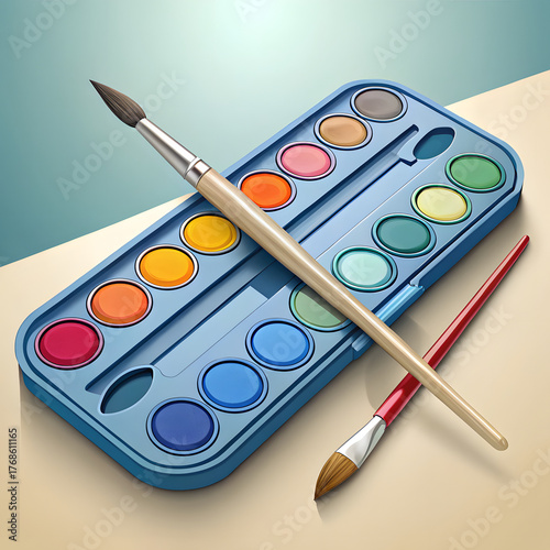 Colorful artist set with watercolor brushes and palette