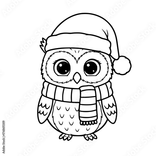 Cute owl wearing Santa hat and scarf, simple Christmas coloring page for toddlers Generqative aI