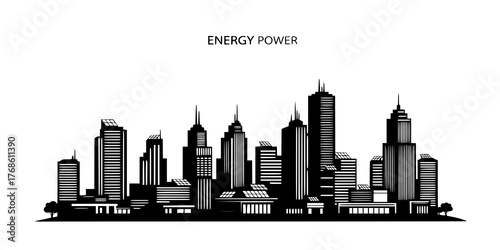 Energy Integrated Building Silhouette - Modern Black Vector of Solar Power Architecture and Sustainable City