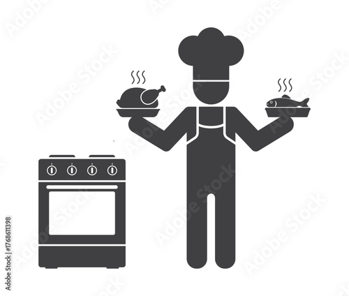 chef with fried chicken and fish near electric oven icon