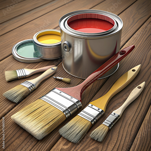 Stock image of a paint can and brush, an essential tool for home improvement and decorating