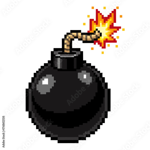 Pixel art illustration of a classic black round bomb with a lit, sparking fuse.
