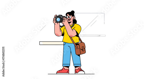 Cartoon Photographer Capturing Images Against A Dark Backdrop of Modern Art