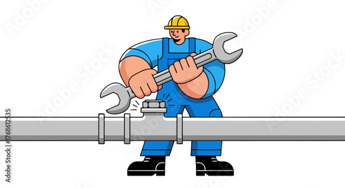 Cartoon Plumber Repairing Pipe With A Wrench In A Simple Illustration Design