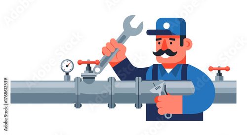 Cartoon Plumber Repairing A Pipe System With A Wrench And Other Useful Tools