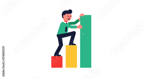 Businessman Climbing Progressively Up the Corporate Ladder Shows Growth and Achievement