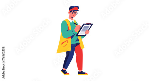Cartoon Surveyor, Researcher, or Inspector Writing Information on Clipboard