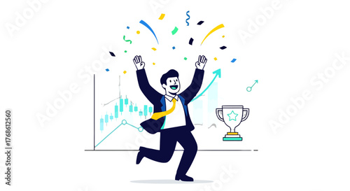 Businessman Celebrates Success Achievement Depicting Financial Growth and Profit Goals Reached