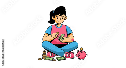 Cartoon Young Man Saving Money For The Future and The Bank