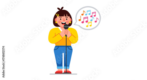Cartoon Young Woman Singing With Musical Notes in Speech Bubble Illustrated Concept