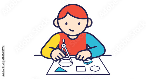 Cartoon Youngster Sketching Shapes Using A Compass On White Paper With Black Background